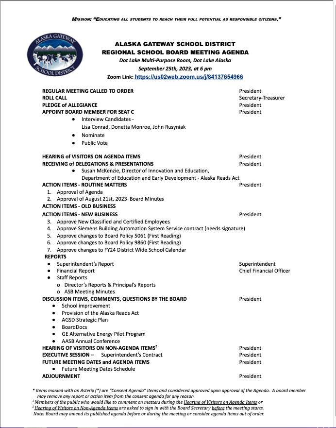 Board Meeting Agenda